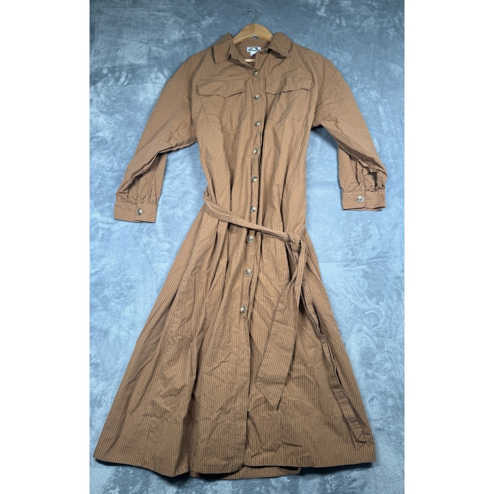 Future Collective Long Shirt Dress Womens Small Brown Pinstripe Cotton Tie Waist